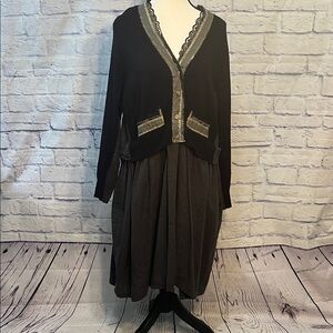 Amici Long Sleeve Dress Raw Edge Metallic Trim Look of 2-Piece. Italy Large